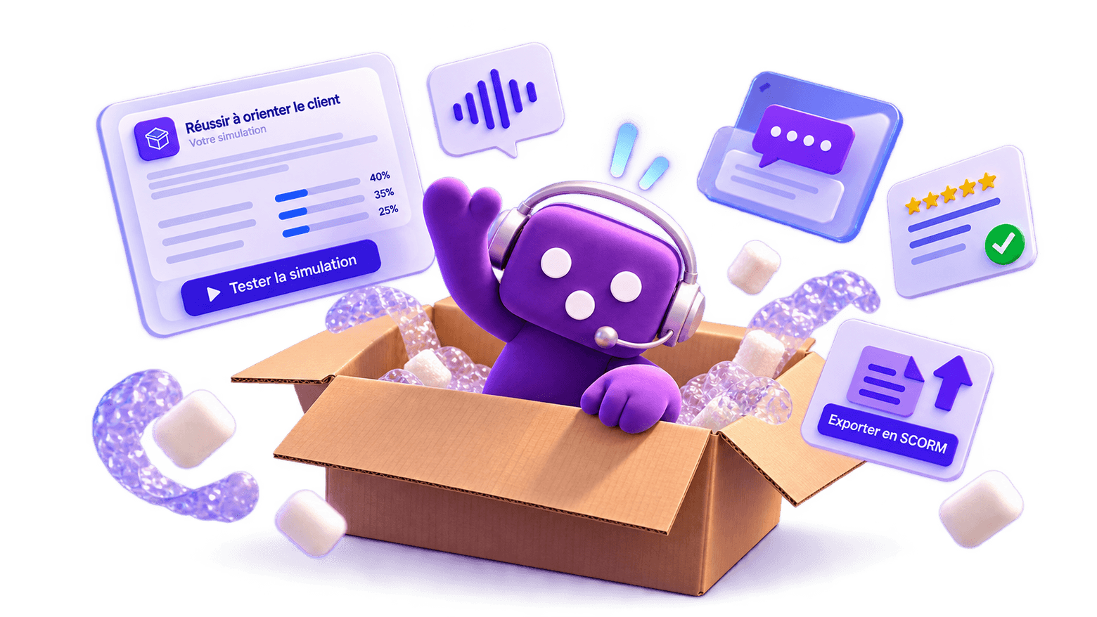 Mascotte B-Learn entourée d'éléments de simulation conversationnelle, de feedback et d'export SCORM